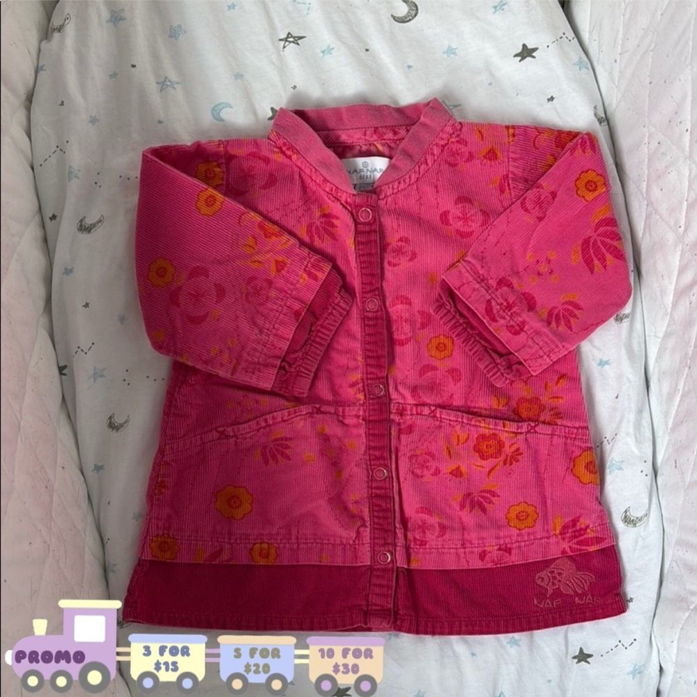 ⭒ 6M Pink Naf Naf Fushcia Corduroy Floral Button Up Shirt Sweater Faux Denim ⭒